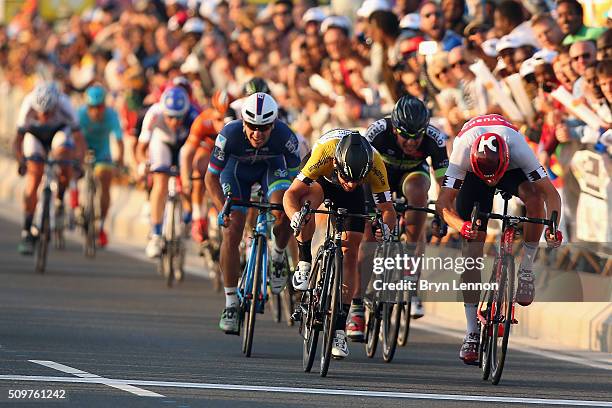 Alexander Kristoff of Norway and Team Katusha beats Mark Cavendish of Great Britain and Dimension Data to the finishline on stage five of the 2016...