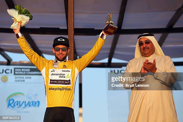 Mark Cavendish of Great Britain and Dimension Data celebrates winning the 2016 Tour of Qatar, after stage 5 from Sealine Beach Resort to Doha...