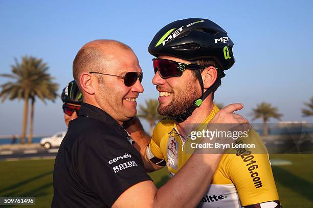 Dimension Data Director Sportif Roger Hammond congratulates Mark Cavendish of Great Britain and Dimension Data on winning the 2016 Tour of Qatar,...