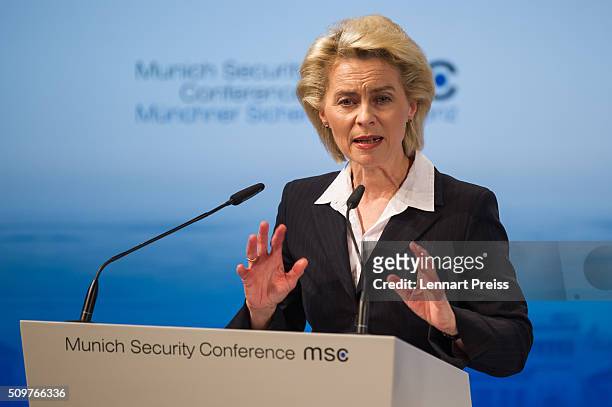 German Defense Minister Ursula von der Leyen speaks at the 2016 Munich Security Conference at the Bayerischer Hof hotel on February 12, 2016 in...