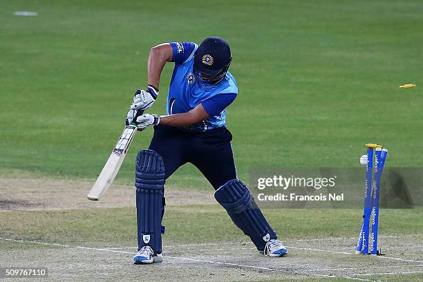 Neil Carter of Leo Lions is bowled out during the Oxigen Masters Champions League Semi Final match between Leo Lions and Virgo Super Kings at Dubai...