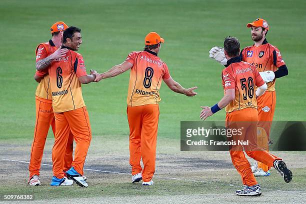 Azhar Mahmood of Virgo celebrates the wicket of Brendan Taylor of Leo Lions with his team-mates during the Oxigen Masters Champions League Semi Final...