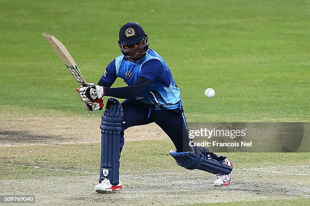 Brian Lara of Leo Lions bats during the Oxigen Masters Champions League Semi Final match between Leo Lions and Virgo Super Kings at Dubai...