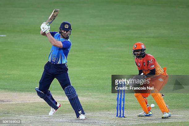 James Franklin of Leo Lions bats during the Oxigen Masters Champions League Semi Final match between Leo Lions and Virgo Super Kings at Dubai...