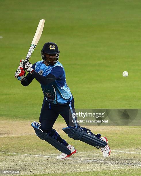 Brian Lara of Leo Lions bats during the Oxigen Masters Champions League Semi Final match between Leo Lions and Virgo Super Kings at Dubai...