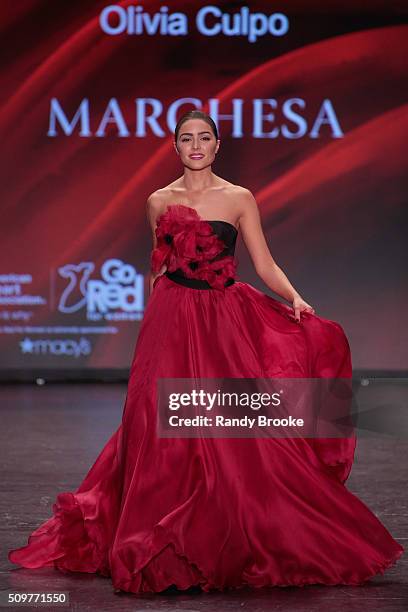 Actress Olivia Culpos wearing Marchesa walks the runway at The American Heart Association's Go Red For Women Red Dress Collection 2016 Presented By...