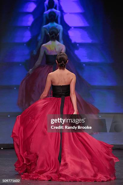 Actress Olivia Culpos wearing Marchesa walks the runway at The American Heart Association's Go Red For Women Red Dress Collection 2016 Presented By...
