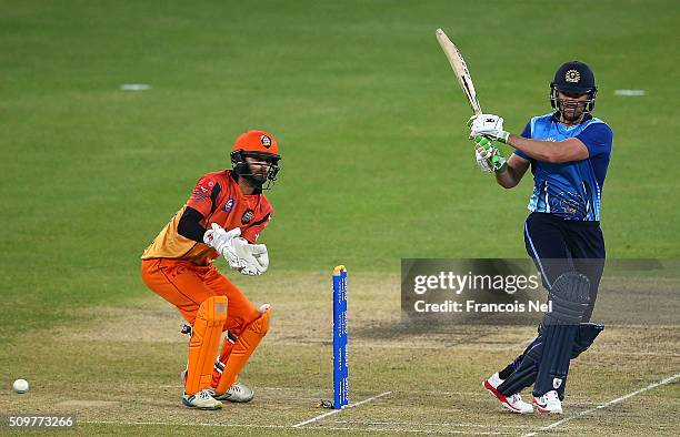 James Franklin of Leo Lions bats during the Oxigen Masters Champions League Semi Final match between Leo Lions and Virgo Super Kings at Dubai...