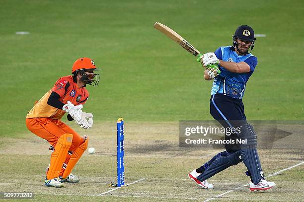 James Franklin of Leo Lions bats during the Oxigen Masters Champions League Semi Final match between Leo Lions and Virgo Super Kings at Dubai...