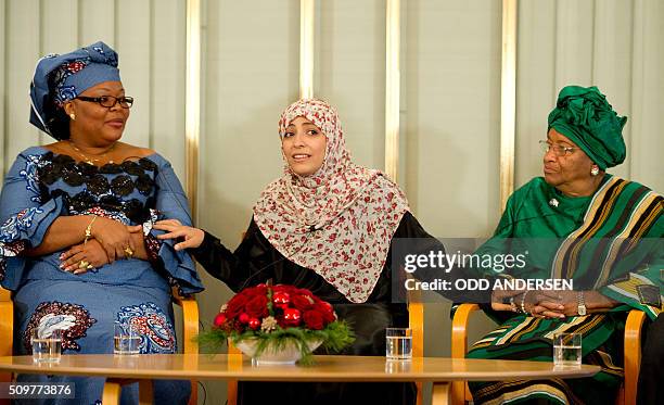 The 2011 Nobel Peace Prize laureates, Liberian President Ellen Johnson Sirleaf , Liberian activist Leymah Gbowee and human rights activist Tawakkol...