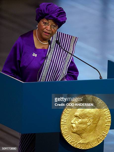 Nobel Peace Prize laureate, Liberian President Ellen Johnson Sirleaf, delivers her lecture on December 10, 2011 during the Nobel Peace Prize award...