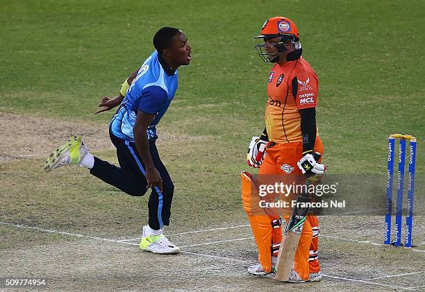 Fidel Edwards of Leo Lions celebrates the wicket of Humayun Farhat of Virgo Super Kings during the Oxigen Masters Champions League Semi Final match...