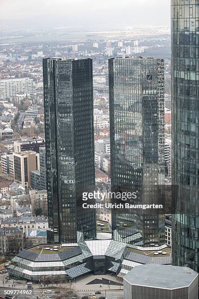 Exterior view of the headquarters of Deutsche Bank AG. Right the Main Tower.