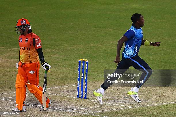 Fidel Edwards of Leo Lions celebrates the wicket of Humayun Farhat of Virgo Super Kings during the Oxigen Masters Champions League Semi Final match...