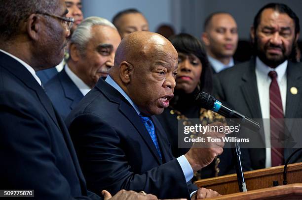 Rep. John Lewis, D-Ga., conducts a news conference at the DNC where members of the Congressional Black Caucus PAC endorsed Hillary Clinton for...