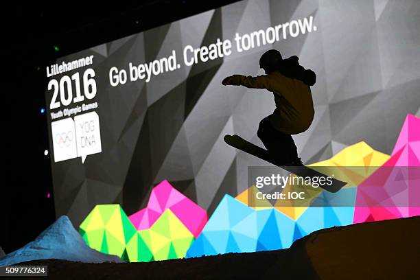 In this handout image supplied by the IOC, Skiers practicing at the Lysgardsbakkene Ski Jumping Arena ahead of the Opening Ceremony of the Winter...