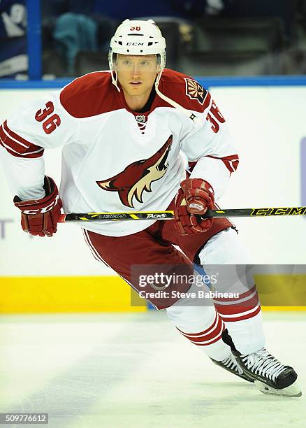 Rob Klinkhammer of the Arizona Coyotes warms up before the game against the Tampa Bay Lightning at Amalie Arena on October 28, 2014 in Tampa, Florida.