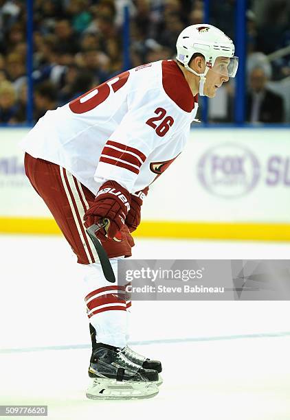 Michael Stone of the Arizona Coyotes plays in the game against the Tampa Bay Lightning at Amalie Arena on October 28, 2014 in Tampa, Florida.