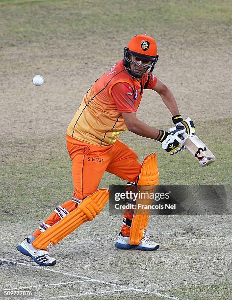 Hasan Raza of Virgo Super Kings bats during the Oxigen Masters Champions League Semi Final match between Leo Lions and Virgo Super Kings at Dubai...