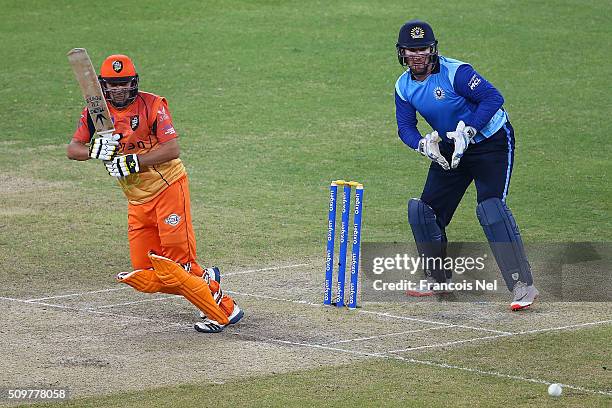 Hasan Raza of Virgo Super Kings bats during the Oxigen Masters Champions League Semi Final match between Leo Lions and Virgo Super Kings at Dubai...