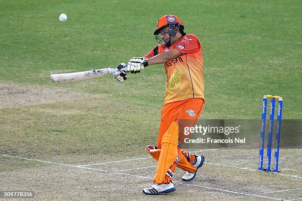 Hasan Raza of Virgo Super Kings bats during the Oxigen Masters Champions League Semi Final match between Leo Lions and Virgo Super Kings at Dubai...