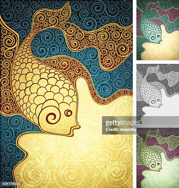 ilustraciones, imágenes clip art, dibujos animados e iconos de stock de floral multicolor de pescado - fish scale pattern