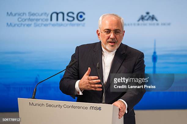 Mohammad Javad Zarif, Minister of Foreign Affairs of Iran, speaks at the 2016 Munich Security Conference at the Bayerischer Hof hotel on February 12,...