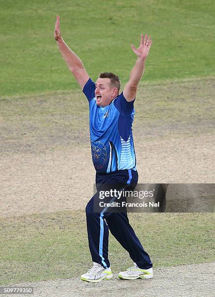 Scott Styris of Leo Lions appeals the wicket of Hasan Raza of Virgo Super Kings during the Oxigen Masters Champions League Semi Final match between...