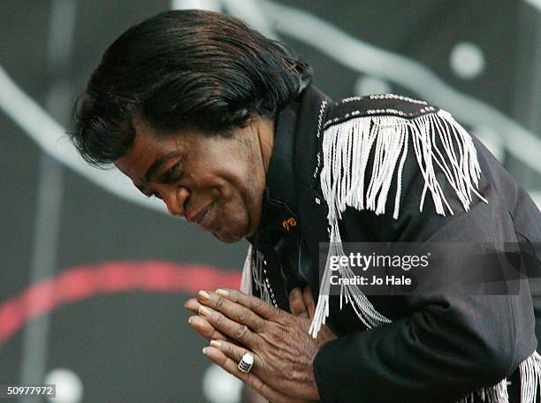 James Brown supports the show for the Red Hot Chilli Peppers performance on stage during the first London date of their tour, at Hyde Park on June...