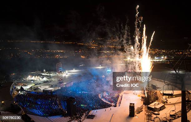 In this handout image supplied by the IOC, Fireworks at the Lysgardsbakkene Ski Jumping Arena during the Opening Ceremony of the 2016 Winter Youth...