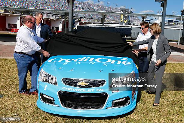 Team Owner Chip Ganassi , Executive VP of NASCAR Steve Phelps, driver Jamie McMurray and VP of Marketing for Credit one Bank Laura Faulkner unveil...