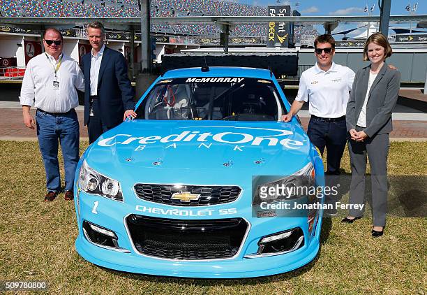 Team Owner Chip Ganassi , Executive VP of NASCAR Steve Phelps, driver Jamie McMurray and VP of Marketing for Credit one Bank Laura Faulkner unveil...