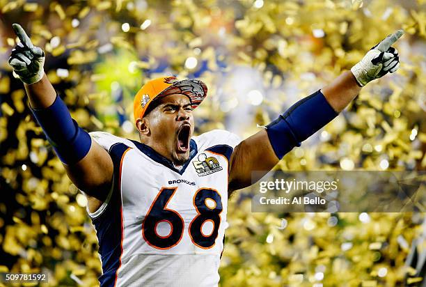Ryan Harris of the Denver Broncos celebrates after defeating the Carolina Panthers during Super Bowl 50 at Levi's Stadium on February 7, 2016 in...