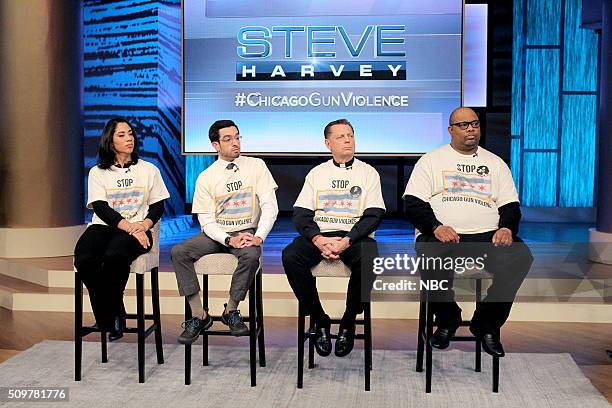 Chicago Gun Violence -- Pictured: Steve Harvey is joined by a panel of Chicago activists, including Elizabeth Dozier , Brandon Smith , Father Michael...