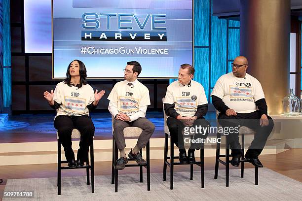 Chicago Gun Violence -- Pictured: Steve Harvey is joined by a panel of Chicago activists, including Elizabeth Dozier , Brandon Smith , Father Michael...