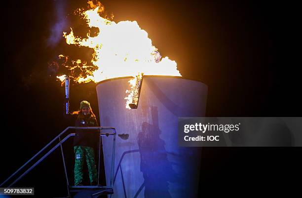 In this handout image supplied by the IOC, Her Royal Highness Princess Ingrid Alexandra of Norway lights the cauldron of Lillehammer 2016 Winter...