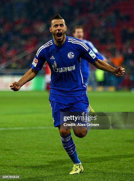 Younes Belhanda of FC Schalke 04 celebrates after scoring his team's first goal during the Bundesliga match between 1. FSV Mainz 05 and FC Schalke 04...