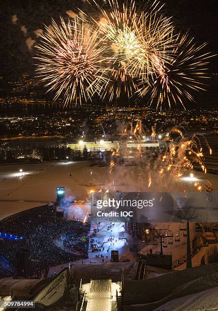 In this handout image supplied by the IOC, Fireworks explode during the Opening Ceremony of the Lillehammer 2016 Winter Youth Olympic Games at the...