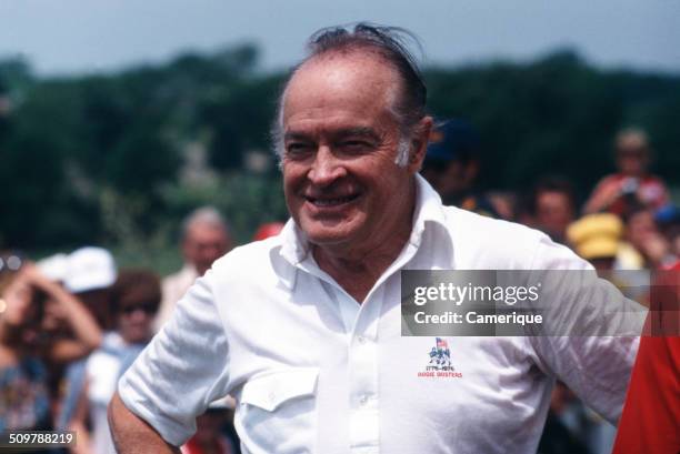 British-born American comedian, actor, and entertainer Bob Hope at a golf tournament, August 1982.