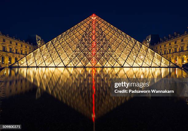 Front view of The Louvre museum with reflection at dusk.