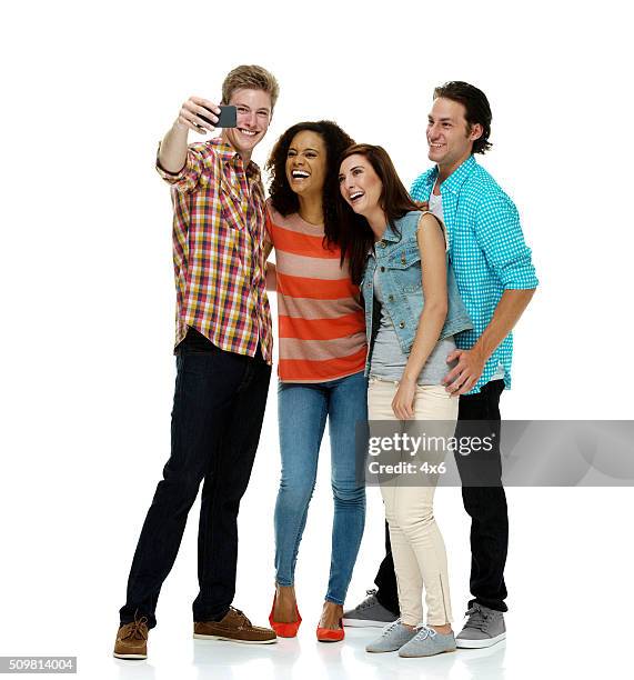 friends taking selfie - group of people white background stock pictures, royalty-free photos & images