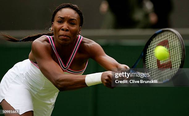 Venus Williams of USA in action during her first round match against Marie-Gayanay Mikaelian of Switzerland at the Wimbledon Lawn Tennis Championship...