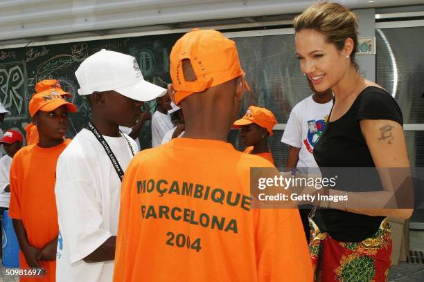 Actress Angelina Jolie, in her role as Goodwill Ambassador of the United Nations High Commissioner for Refugees, speaks with participants from...