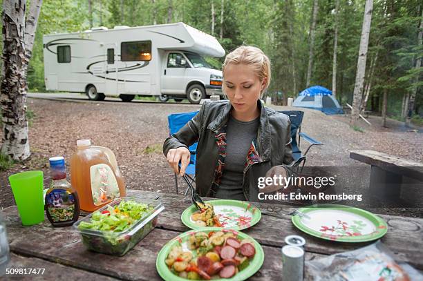 camp dinner - plate eating table imagens e fotografias de stock