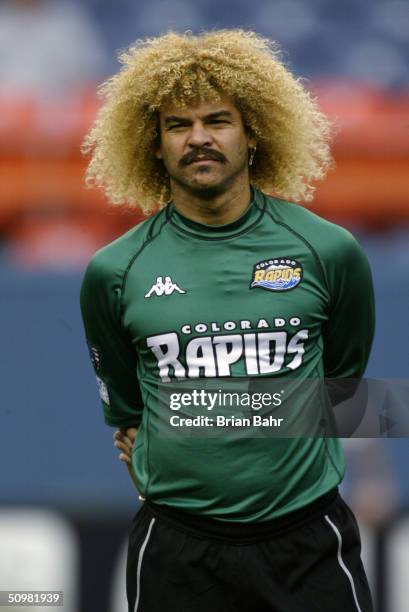 Forward Carlos Valderrama of the Colorado Rapids looks on prior to the start of the game against the Los Angeles Galaxy during the MLS match on July...