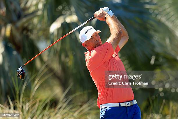 Tom Lehman hits a tee shot on the 9th hole during the first round of the 2016 Chubb Classic at the TwinEagles Club on February 12, 2016 in Naples,...