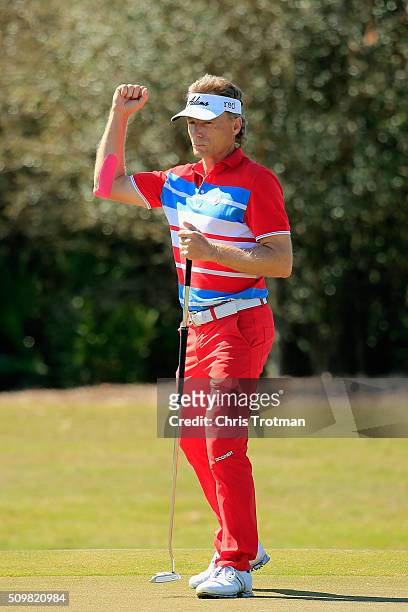 Bernhard Langer of Germany reacts after a birdie on the 9th hole during the first round of the 2016 Chubb Classic at the TwinEagles Club on February...