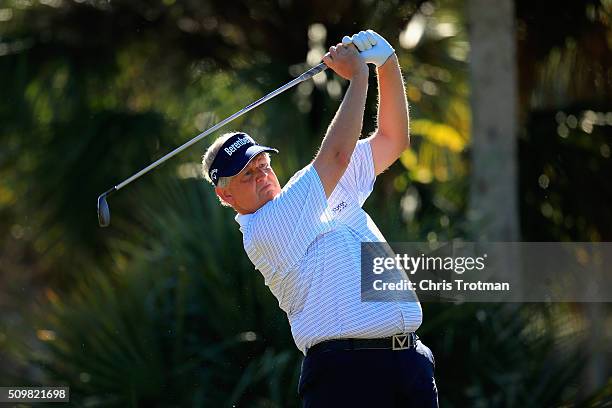 Colin Montgomerie of Scotland hits a tee shot on the second hole during the first round of the 2016 Chubb Classic at the TwinEagles Club on February...