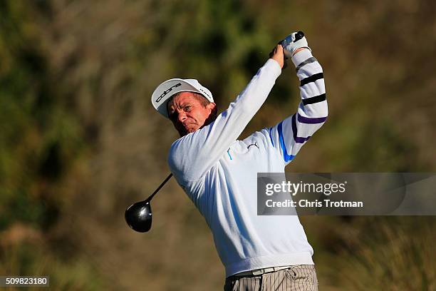 Jesper Parnevik of Sweden hits a tee shot on the 11th hole during the first round of the 2016 Chubb Classic at the TwinEagles Club on February 12,...