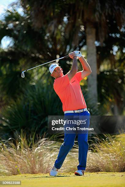 Tom Lehman hits a tee shot on the second hole during the first round of the 2016 Chubb Classic at the TwinEagles Club on February 12, 2016 in Naples,...